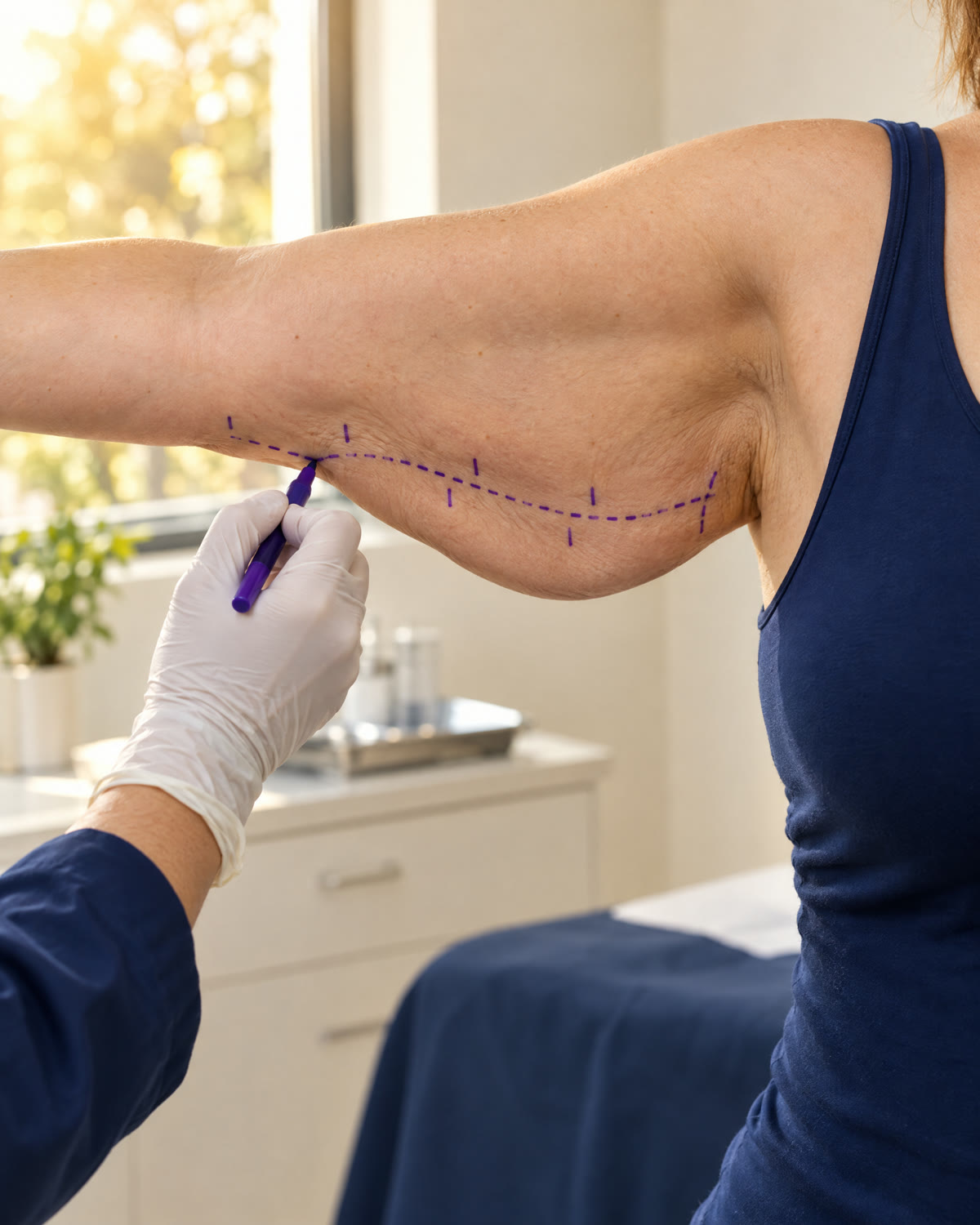 Cirurgião plástico desenhando as linhas pontilhadas da cirurgia no braço de uma paciente com excesso de pele depois da bariátrica